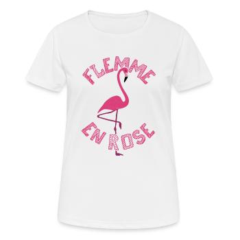 Flemme en Rose, Flamant Rose - Jeu de mots Humour - T-shirt respirant Femme - blanc - Devant - AI Model Female 172 dark (172cm)
