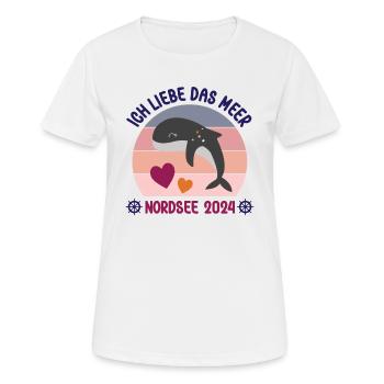Nordsee Urlaub 2024 Ich liebe das Meer Wale - Frauen T-Shirt atmungsaktiv - Weiß - Vorne - AI Model Female 172 dark (172cm)