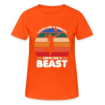 Volleyball Aussehen wie eine Schönheit Servieren wie ein Biest - Frauen T-Shirt atmungsaktiv - Neonorange - Vorne - AI Model Female 172 dark (172cm)