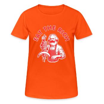 Eat the rich - Frauen T-Shirt atmungsaktiv - Neonorange - Vorne - AI Model Female 172 dark (172cm)