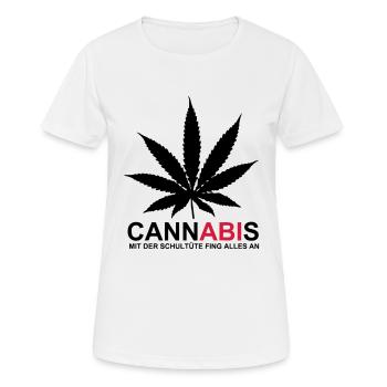 ABIMOTTO - CannABIs - MIT DER SCHULTÜTE FING ALLES - Frauen T-Shirt atmungsaktiv - Weiß - Vorne - AI Model Female 172 dark (172cm)