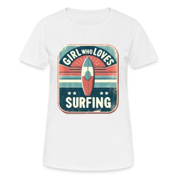 Mädchen, das es liebt, Retro-Surfbrett zu surfen - Frauen T-Shirt atmungsaktiv - Weiß - Vorne - AI Model Female 172 dark (172cm)