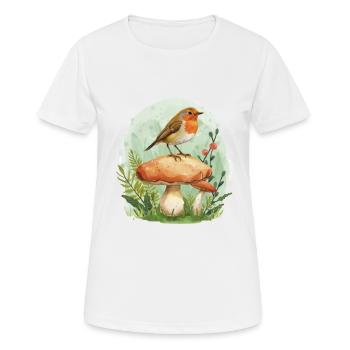 Robin sitting on mushroom - Women's Breathable T-Shirt - white - Front - AI Model Female 172 dark (172cm)