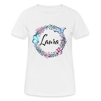 Laura, Name, Schriftzug, Blumenkranz, Geschenk - Frauen T-Shirt atmungsaktiv - Weiß - Vorne - AI Model Female 172 dark (172cm)