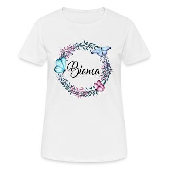 Bianca, Name, Schriftzug, Blumenkranz, Geschenk - Frauen T-Shirt atmungsaktiv - Weiß - Vorne - AI Model Female 172 dark (172cm)