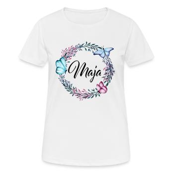 Maja, Name, Schriftzug, Blumenkranz, Geschenk - Frauen T-Shirt atmungsaktiv - Weiß - Vorne - AI Model Female 172 dark (172cm)