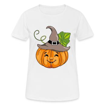 Cartoonhaft lächelnder Kürbis mit Hut - Frauen T-Shirt atmungsaktiv - Weiß - Vorne - AI Model Female 172 dark (172cm)