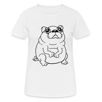 Pug dog sits small begging dick looks sad - Women's Breathable T-Shirt - white - Front - AI Model Female 172 dark (172cm)
