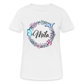 Mila, name, lettering, flower wreath, gift - Women's Breathable T-Shirt - white - Front - AI Model Female 172 dark (172cm)