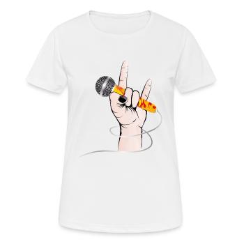 Hand eines Rock Sängers hält ein Gesangs Mikrofon - Frauen T-Shirt atmungsaktiv - Weiß - Vorne - AI Model Female 172 dark (172cm)