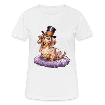 Elegant dachshund with top hat on pillow - Women's Breathable T-Shirt - white - Front - AI Model Female 172 dark (172cm)
