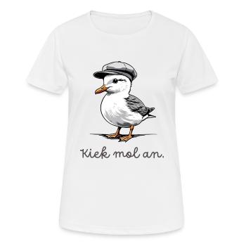 Mouette « Kiek mol an » avec dicton en bas allemand - T-shirt respirant Femme - blanc - Devant - AI Model Female 172 dark (172cm)