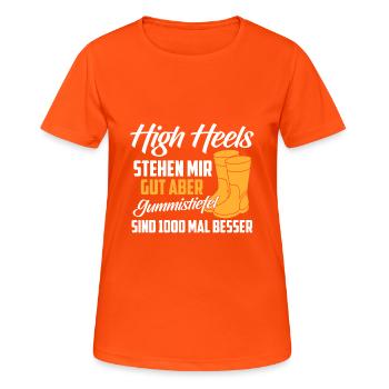 Farmer Shirt · Tracteur · Femme · Botte Wellington - T-shirt respirant Femme - orange néon - Devant - AI Model Female 172 dark (172cm)