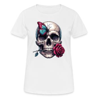 Schädel mit roter Rose und Schmetterling - Frauen T-Shirt atmungsaktiv - Weiß - Vorne - AI Model Female 172 dark (172cm)