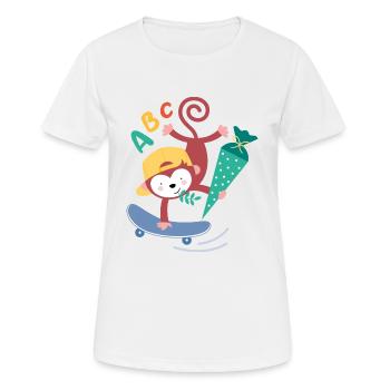 Singe sur planche à roulettes avec cône d’écolier - T-shirt respirant Femme - blanc - Devant - AI Model Female 172 dark (172cm)