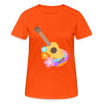Buntes Ukulele-Wellenmuster mit Hibiscus-Blumen - Frauen T-Shirt atmungsaktiv - Neonorange - Vorne - AI Model Female 172 dark (172cm)