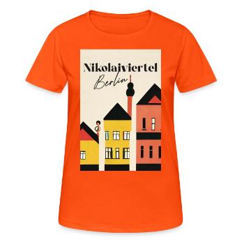 Nikolaiviertel Berlin Houses Travel Poster Retro - Women's Breathable T-Shirt - neon orange - Front - AI Model Female 172 dark (172cm)