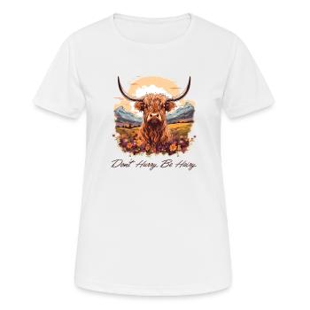 Ne vous dépêchez pas d’être poilu Vache des Highlands - T-shirt respirant Femme - blanc - Devant - AI Model Female 172 dark (172cm)