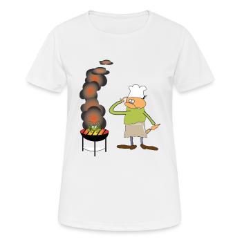 Griller mit lustiger GRILLE auf dem Grill - Frauen T-Shirt atmungsaktiv - Weiß - Vorne - AI Model Female 172 dark (172cm)