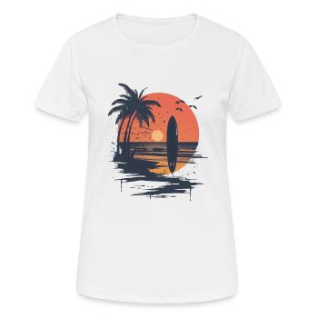 Surfbrett Sonnenuntergang und Palmen - Frauen T-Shirt atmungsaktiv - Weiß - Vorne - AI Model Female 172 dark (172cm)