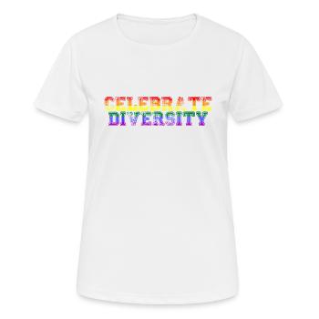 Celebrate Diversity LGBTQ Pride Flag - Frauen T-Shirt atmungsaktiv - Weiß - Vorne - AI Model Female 172 dark (172cm)