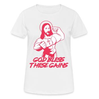 Funny Muscle Jesus Weightlifting Workout Humor - Women's Breathable T-Shirt - white - Front - AI Model Female 172 dark (172cm)