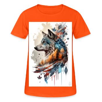 Wolf Design by ART8NS Art on Streetwear S 04of25 - Frauen T-Shirt atmungsaktiv - Neonorange - Vorne - AI Model Female 172 dark (172cm)