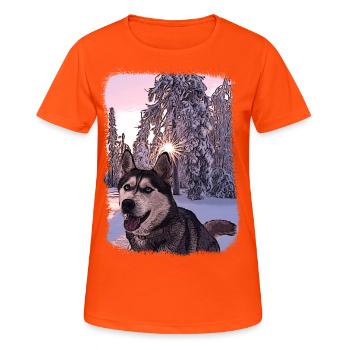 Husky im Schnee Gemälde Hund Porträt - Frauen T-Shirt atmungsaktiv - Neonorange - Vorne - AI Model Female 172 dark (172cm)