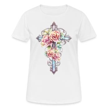 Watercolor cross with roses - Women's Breathable T-Shirt - white - Front - AI Model Female 172 dark (172cm)