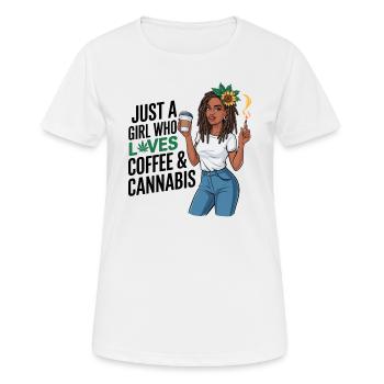 Nur ein Mädchen, das Kaffee und Cannabis liebt - Frauen T-Shirt atmungsaktiv - Weiß - Vorne - AI Model Female 172 dark (172cm)