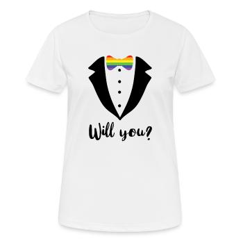 Hochzeitsantrag Antrag Hochzeit Heirat LGBTQ - Frauen T-Shirt atmungsaktiv - Weiß - Vorne - AI Model Female 172 dark (172cm)
