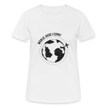 MONDE, ICI JE VIENS! - Conception de Backpacker & Traveller - T-shirt respirant Femme - blanc - Devant - AI Model Female 172 dark (172cm)