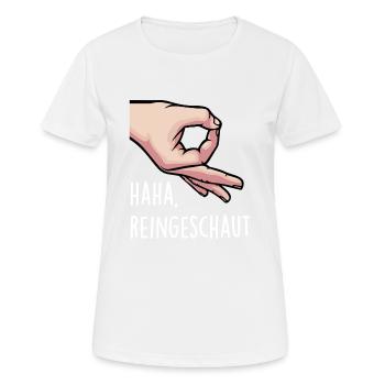 Drôle Haha regardé doigt trou chemise - T-shirt respirant Femme - blanc - Devant - AI Model Female 172 dark (172cm)