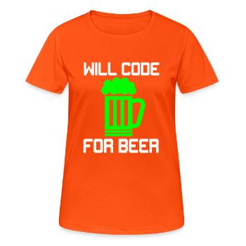 Will Code for Beer, Funny Programmer T-Shirt - Women's Breathable T-Shirt - neon orange - Front - AI Model Female 172 dark (172cm)