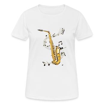 Saxophones image avec portée avec des notes musicales - T-shirt respirant Femme - blanc - Devant - AI Model Female 172 dark (172cm)