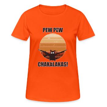 Pew Pew Chakalakas Vintage Cat - Frauen T-Shirt atmungsaktiv - Neonorange - Vorne - AI Model Female 172 dark (172cm)
