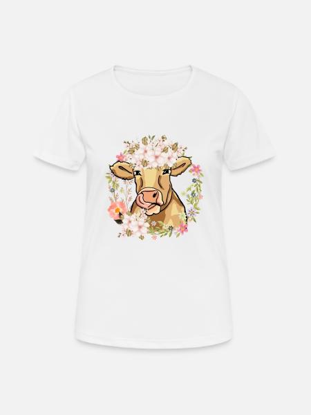 Niedliche Kuh mit Blumenkranz - Frauen T-Shirt atmungsaktiv - Weiß