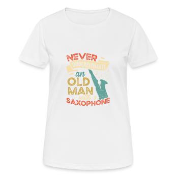 Old man with a saxophone jazz musician - Women's Breathable T-Shirt - white - Front - AI Model Female 172 dark (172cm)