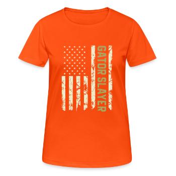 Alligator Hunter American Flag, Patriotic Gator - Frauen T-Shirt atmungsaktiv - Neonorange - Vorne - AI Model Female 172 dark (172cm)
