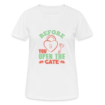 BEFORE YOU OPEN THE GATE KEY - Women's Breathable T-Shirt - white - Front - AI Model Female 172 dark (172cm)