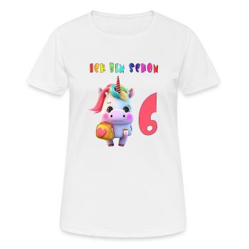 Ich bin schon 6 Süsses Einhorn mit Rucksack Motiv - Frauen T-Shirt atmungsaktiv - Weiß - Vorne - AI Model Female 172 dark (172cm)