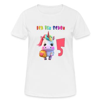 Ich bin schon 5 Süsses Einhorn mit Rucksack Motiv - Frauen T-Shirt atmungsaktiv - Weiß - Vorne - AI Model Female 172 dark (172cm)