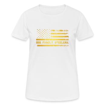 Gott. Familie. Steelers. Uns amerikanische Flagge - Frauen T-Shirt atmungsaktiv - Weiß - Vorne - AI Model Female 172 dark (172cm)