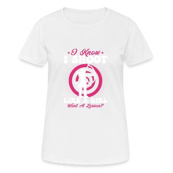 Je sais que je tire comme une fille veut une leçon? Archerie - T-shirt respirant Femme - blanc - Devant - AI Model Female 172 dark (172cm)