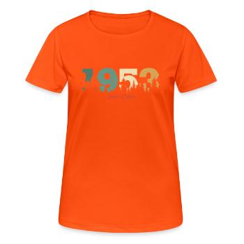 1953 limitierte Auflage - Frauen T-Shirt atmungsaktiv - Neonorange - Vorne - AI Model Female 172 dark (172cm)