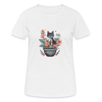 Chat en pot de fleurs avec des fleurs - T-shirt respirant Femme - blanc - Devant - AI Model Female 172 dark (172cm)