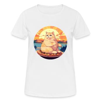 Sonnenuntergangs-Schmaus: Mollige Katze genießt - Frauen T-Shirt atmungsaktiv - Weiß - Vorne - AI Model Female 172 dark (172cm)