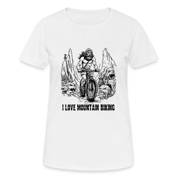 Steinzeit-Höhlenmensch: Ich liebe Mountainbiken - Frauen T-Shirt atmungsaktiv - Weiß - Vorne - AI Model Female 172 dark (172cm)