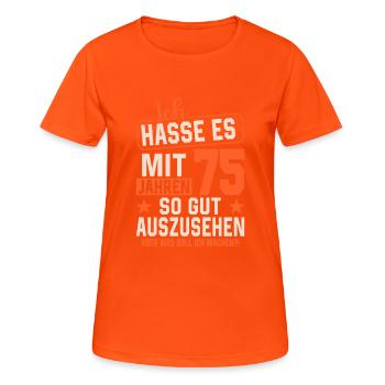 Legendär mit 75 Jahren! - Frauen T-Shirt atmungsaktiv - Neonorange - Vorne - AI Model Female 172 dark (172cm)
