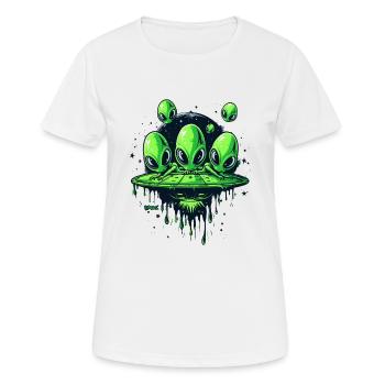 Drôle de disque volant : Petite invasion extraterrestre verte - T-shirt respirant Femme - blanc - Devant - AI Model Female 172 dark (172cm)